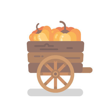 Wooden Pumpkin Cart With Two Pumpkins Flat Illustration