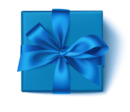Realistic blue square gift box with blue ribbon and bow isolated on white. Winter Christmas decoration. Vector
