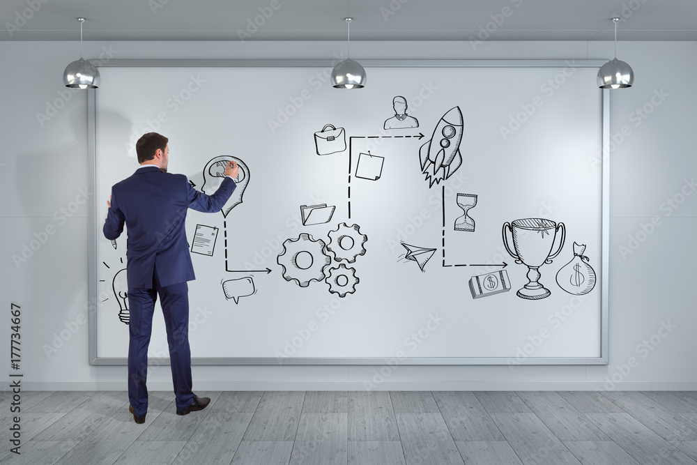 Poster Businessman drawing a project sketch on a board 3D rendering