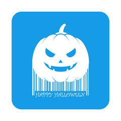 Icono plano codigo de barras Happy Halloween calabaza en cuadrado azul