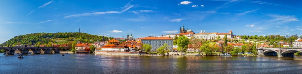 Fototapeta premium Prague panorama city skyline with Old Town, Prague Castle, Charles Bridge, St. Vitus Cathedral. Prague, Czech Republic