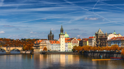 Prague, Czezh Republic. Scenic autumn aerial view of the Old Town with red foliage