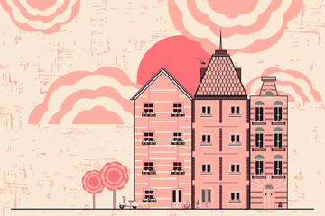  card with the image of the buildings. Houses and scooter. can be used for the design of websites, postcards, etc.