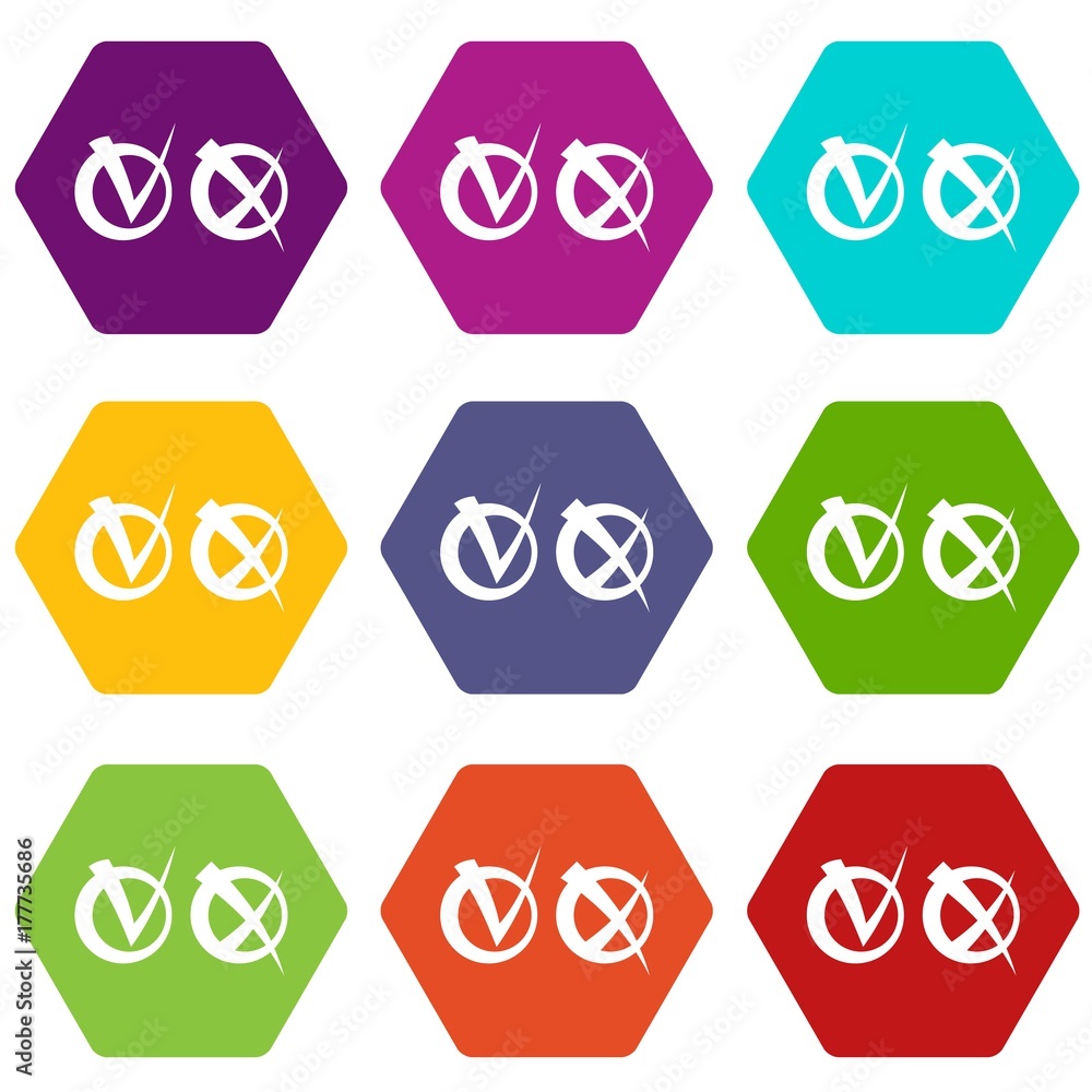 Poster tick and cross in circles icon set color hexahedron