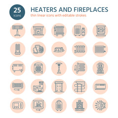 Oil heater, fireplace, convector, panel column radiator and other house heating appliances line icons. Home warming thin linear pictogram such as kotatsu, Russian oven. Equipment store signs.