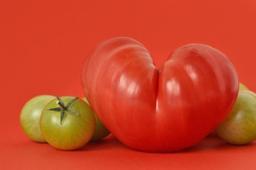 Heart shaped tomato and green tomatoes on red background
