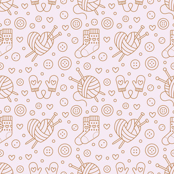 Knitting, crochet seamless pattern. Cute vector flat line illustration of hand made equipment knitting needle, hook, wool scissors, cotton skeins. Pink background yarn tailor store. Knitted with love.