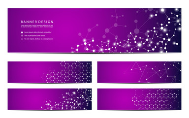 Set of abstract banner design, dna molecule structure background. Geometric graphics and connected lines with dots. Scientific and technological concept, vector illustration