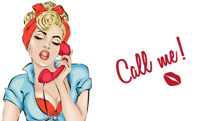 Sexy Pin-up woman answers the phone. Vector pop art comics retro style illustration © sofiapink