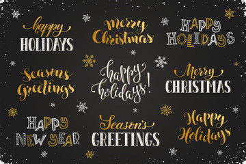 Hand written New Year phrases. Greeting card text template with snowflakes drawn on chalkboard. Happy holidays lettering in modern calligraphy style. Merry Christmas and Seasons Greetings lettering.
