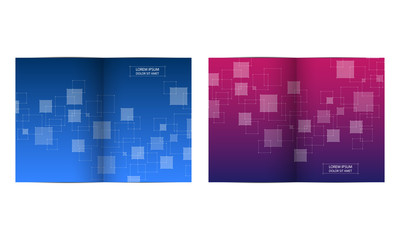 Bi-fold business brochure template with abstract background. Geometric graphics and connected lines with dots. Medical, technological and scientific concept. Vector illustration