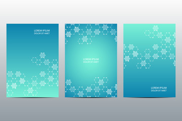 Set of abstract vector covers template. Brochure layout design, square and polygonal background. Linear digital texture, technological and scientific concept