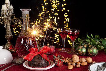 Christmas pudding and sparkling fire