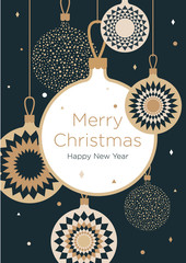 Świąteczna kartka z pozdrowieniami. Złote bombki na ciemnym niebieskim tle. Szablon projektu noworocznego z oknem na tekst. Płaskie wektor Format pionowy - 177737459
