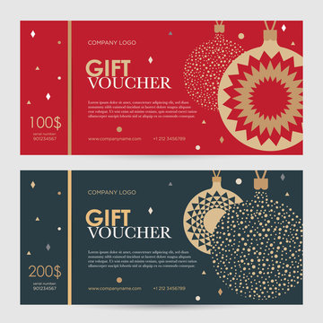 Christmas gift certificate. New Year gift voucher. Golden Christmas balls on a red and blue background. 