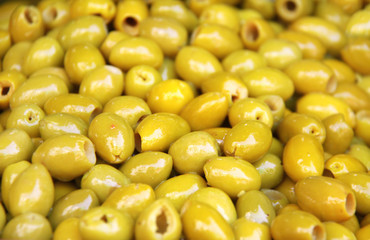 Green pickled olives on a traditional Moroccan market, Rabat, Morocco