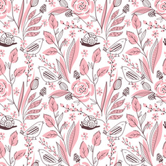 Seamless pink color floral vector pattern