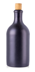 dark bottle with alcoholic beverage closed with a cork isolated on white background.