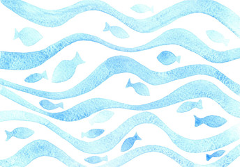 watercolor blue wavy pattern with fish - 177738645