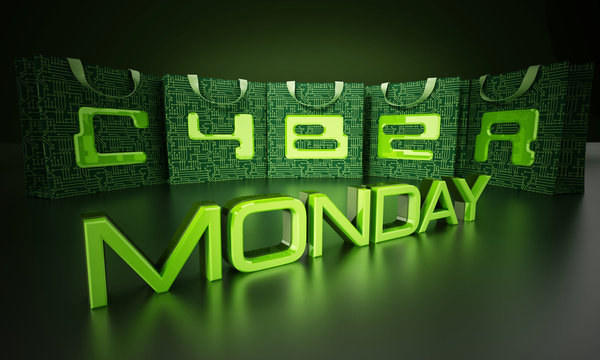 Cyber monday text on shopping bags. 3D illustration