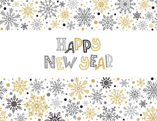 Happy New Year greeting card template. Modern winter lettering with snowflakes horizontal frame isoleted on white. Merry Christmas vector illustration with text in golden colors.