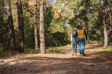 Fototapeta premium father and son walking in forest