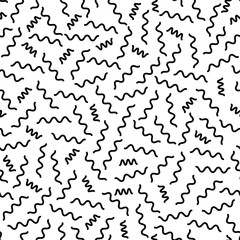Black and white geometric memphis pattern with wavy zig zag lines. 80s and 90s graphic design style. Vector seamless background.