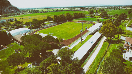 Soccer stadium in open countryside, aerial view