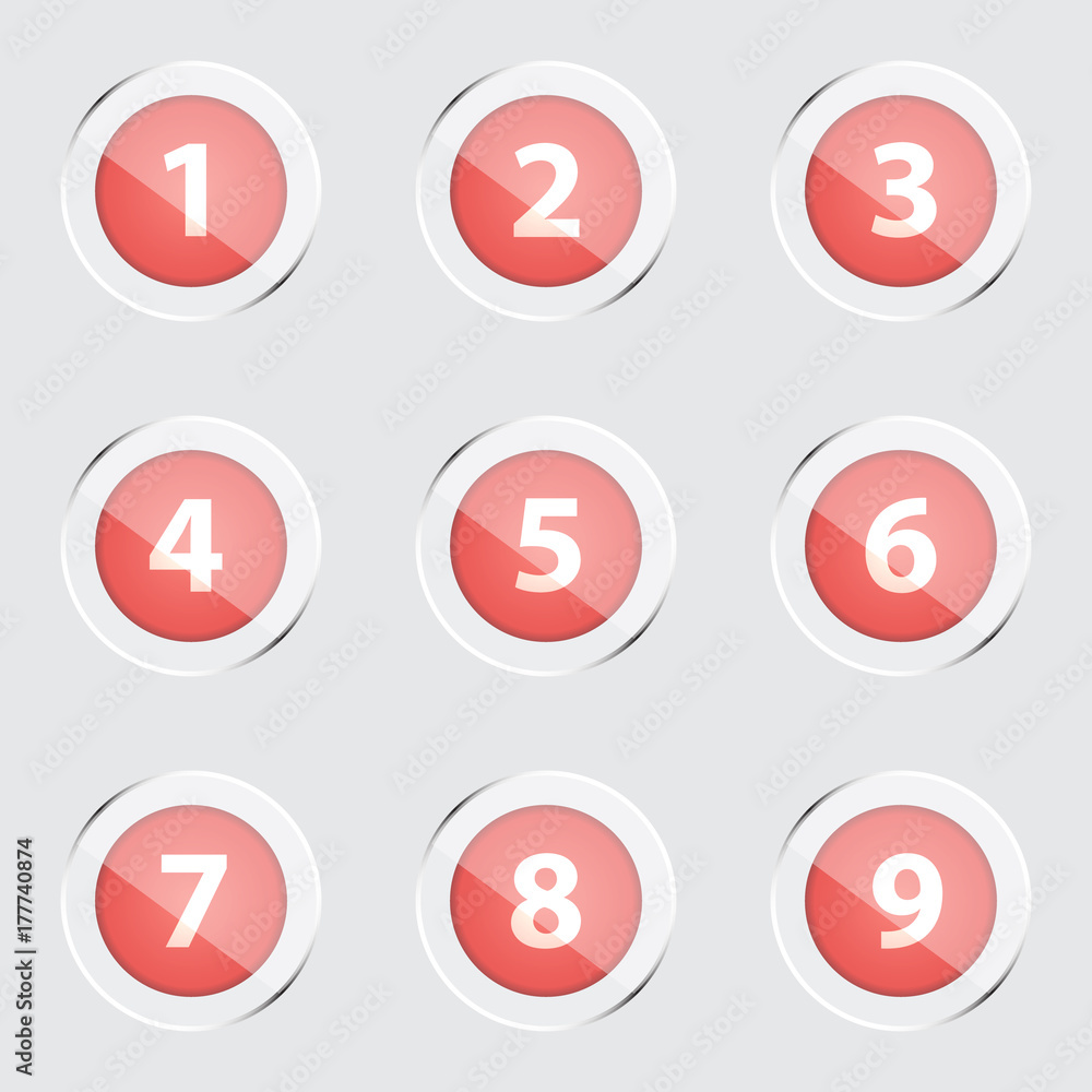 Poster collection of shiny and glossy red buttons with numbers and silver rings. illustration of number ico