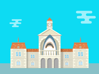 City hall or governmental institution with corrupt mayor represented by a shark