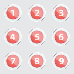 Collection of shiny and glossy red buttons with numbers and silver rings. Illustration of number icons on modern design isolated on gray background.