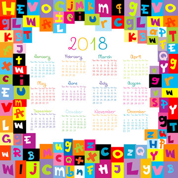 2018 Calendar with letters for schools