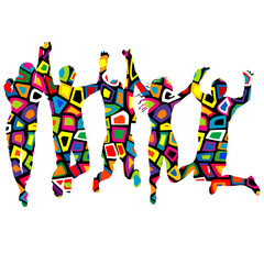 Colorful patterned silhouettes of people holding by hands and jumping.ai
