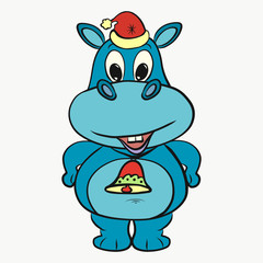 Cheerful fat hippopotamus in a Christmas cap