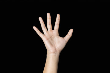 Hand signHand sign of five, fifth, etc. on black background