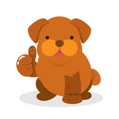 Obraz premium Cute chubby fat brown puppy dog giving thumbs up sign in flat style. Common hand gesture. Lovely adorable pet. Vector illustration