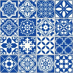 Tapeten Spanisches oder portugiesisches Vektorfliesenmuster, Lissabon-Blumenmosaik, mediterrane nahtlose marineblaue Verzierung © redkoala