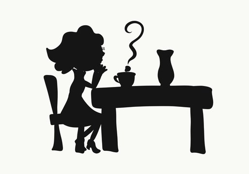 Silhouette, the woman is waiting at the table