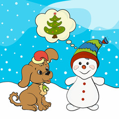 Funny snowman and cute puppy dream about the Christmas tree