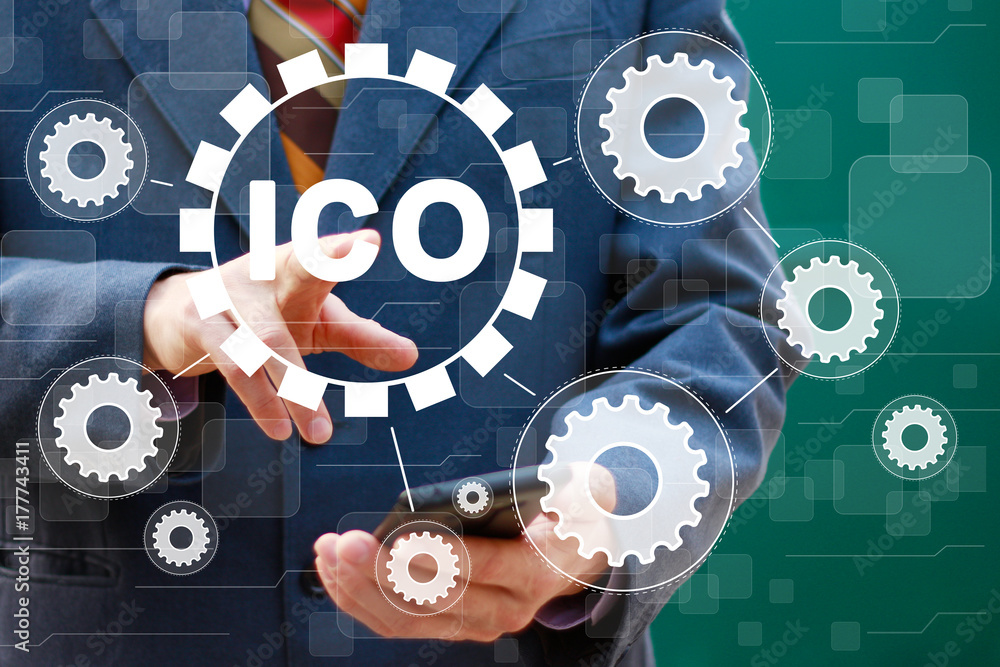 Poster businessman presses button ico initial coin offering gear engineering on virtual digital electronic 