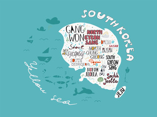 Naklejka premium Hand-drawn map of Korea vector with names of areas illustration, design poster