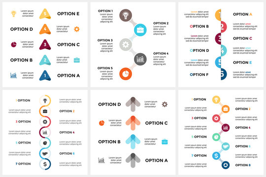 Vector circle arrows timeline infographic, cycle diagram, triangle graph, presentation chart. Business concept with 4, 5, 6, 7, 8 options, parts, steps, processes.