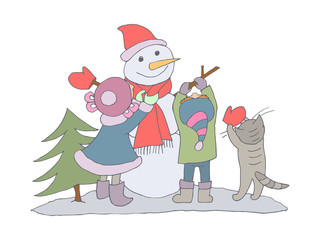 Children and cat make a snowman. Vector cartoon illustration.