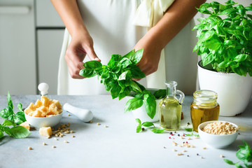 Woman in oversize dress holding pot with fresh organic basil, white kitchen interior design. Copy...