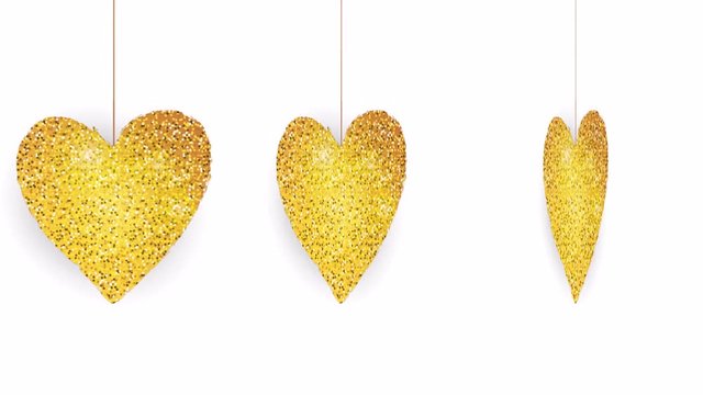 Hand drawn paper, cutting out, gold (golden) hanging hearts with glitter swinging and turn around, on white background. Love, romantic, abstract background