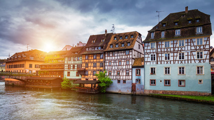 Beautiful view of the historic town of Strasbourg, colorful houses on idyllic river. Strasbourg, France