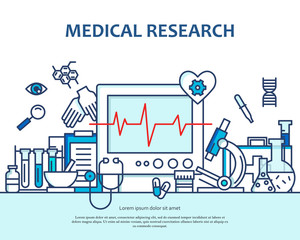 Medical research concept in modern flat line style. Diagnosis, science and a lot of medicine icons. Banner for website or magazne. Header, poster, flyer backdrop. Cartoon design.