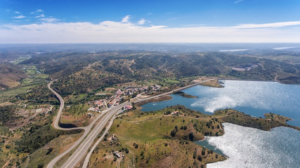 Fototapeta na wymiar Aerial. Videography of drone, reservoir dam Odeleite. Portugal