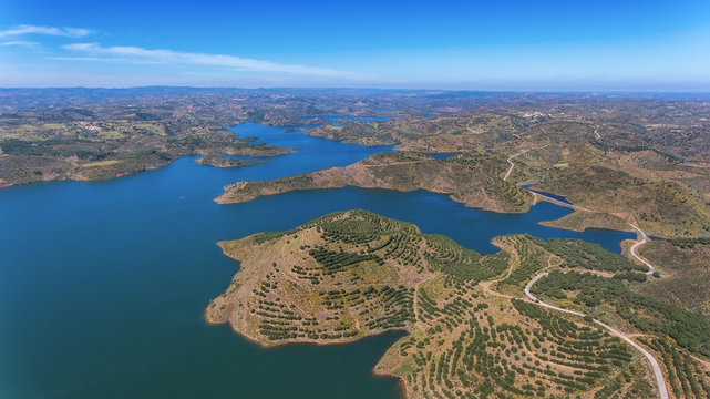 Aerial. Videography of drone, reservoir dam Odeleite. Portugal