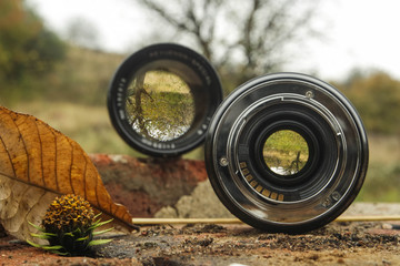 Autumn landscape view, through camera lenses with different focal lengths. - obrazy, fototapety, plakaty